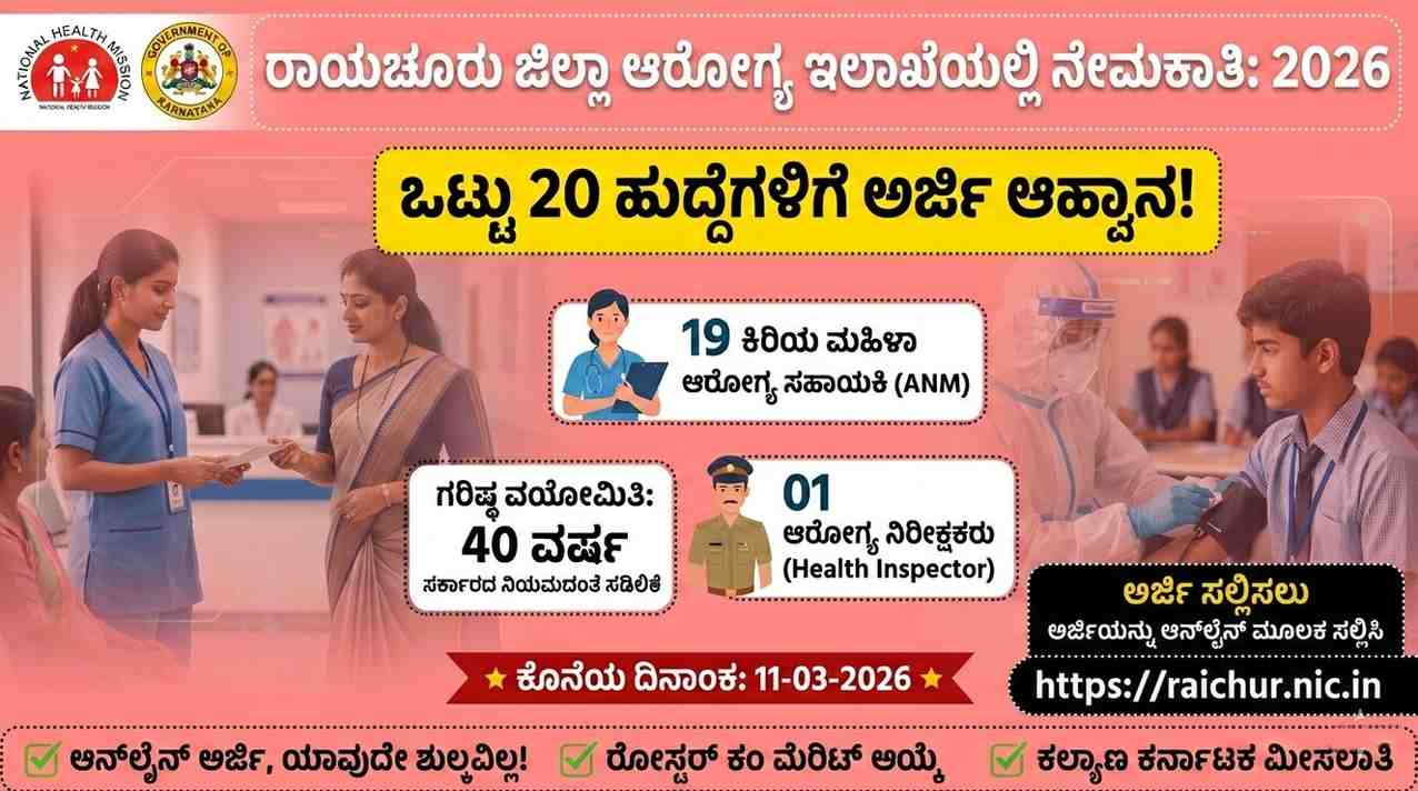 DHFWS Raichur Recruitment 2026 Apply Online for 20 Junior Female Health Assistant Posts | DHFWS ರಾಯಚೂರು ನೇಮಕಾತಿ 2026 – 20 ಜೂನಿಯರ್ ಮಹಿಳಾ ಆರೋಗ್ಯ ಸಹಾಯಕ ಹುದ್ದೆಗಳಿಗೆ ಆನ್‌ಲೈನ್‌ನಲ್ಲಿ ಅರ್ಜಿ ಸಲ್ಲಿಸಿ